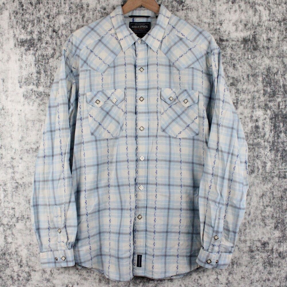 Panhandle Shirt Mens XL Rough Stock Blue White Stripe Diamond Snap Western